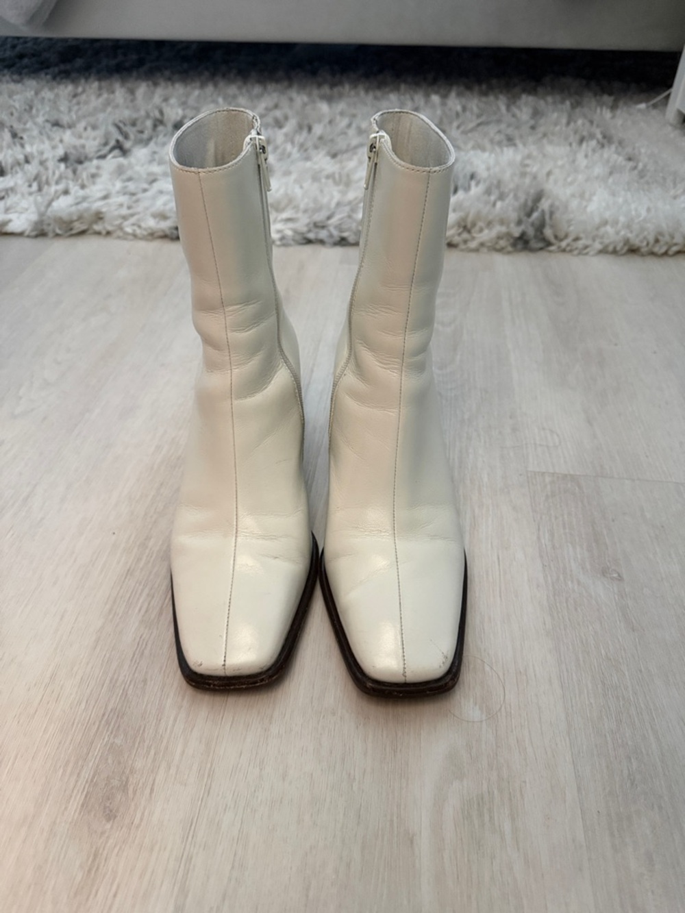 Women's White Square-Toe Leather Ankle Boots. TINY scuffs on front toes